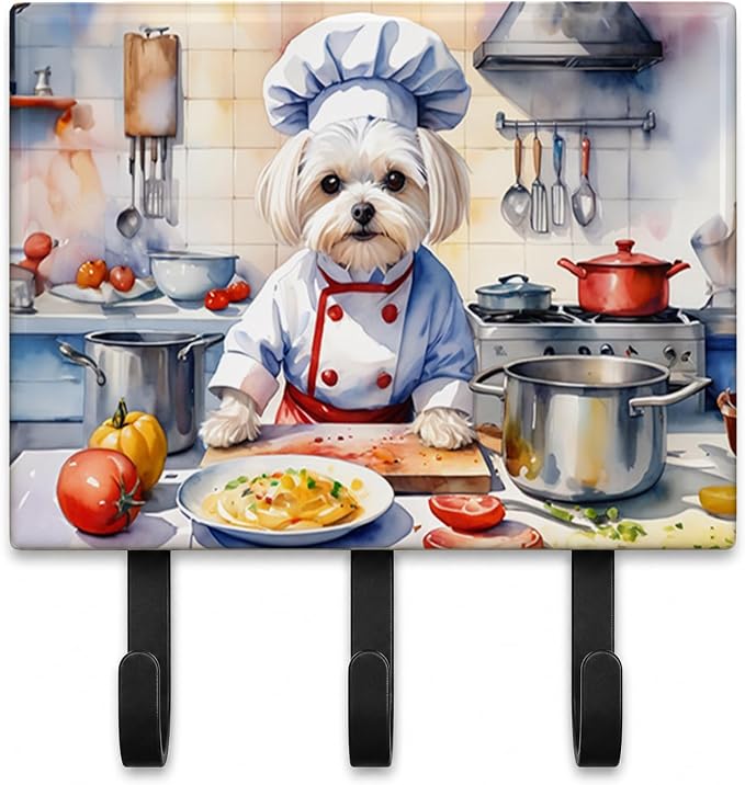 Caroline's Treasures Maltese The Chef Leash or Key Holder Wall Hooks, Key Hooks Holder, Coat Rack Wall Mount, Coat Hooks, Hooks for Hanging Keys, Towels, Aprons, Leashes | Maltese The Chef artwork on ceramic tile with three steel hooks for keys, leashe...