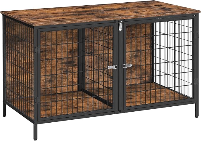 MAHANCRIS Dog Crate Furniture for 2 Dogs, 43.3" Dog Kennel with Removable Divider, Heavy Sturdy Dog Furniture Style Double Cage for Small Medium Dog, Indoor Pet House End Table, Rustic Brown DCHR1201
