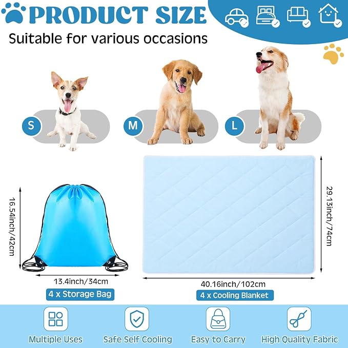 4 Pack Dog Cooling Mat 29" x 40", Washable Cooling Pad for Dogs & Cats, Foldable Pet Self-cooling Blanket for Crate Sofa Floor Car, Breathable for Indoor Outdoor Summer Use with Storage Bags