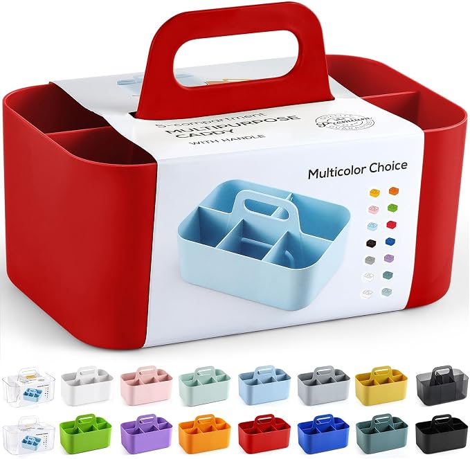 Multiuse Caddy Organizer with Handle, Portable Divided Plastic Tote Bin - Art Craft, Stationary Pen Marker Crayons, Makeup Hair Supplies Storage - Bathroom, Classroom, Dorm, Office, Desk Holder - Red