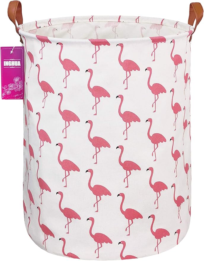 Flamingo Laundry Hamper Large Canvas Fabric Storage Basket | Organizer Bin Dirty Clothes Collapsible Waterproof for College Dorms, Boys and Girls Bedroom,Bathroom