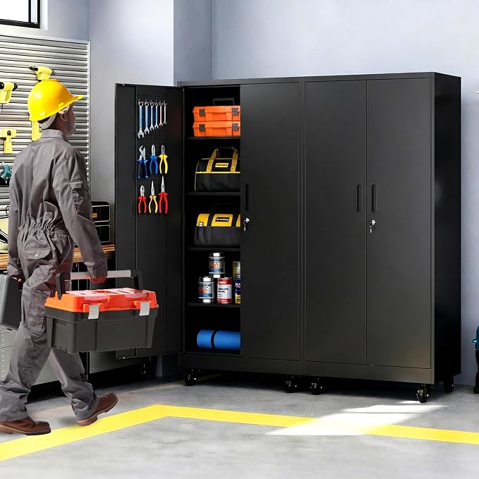 Rolling Tool Cabinet with Pegboard, 71" Tool Cabinets with 4 Adjustable Shelves for Garage, Tool Room, Assembly Required(Black)