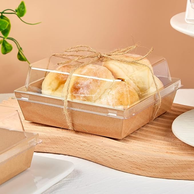 ZORRITA 100 Pack 5 Inch Paper Charcuterie Boxes with Clear Lids, Brown | Small, Square, To Go Food Containers, Bakery Boxes, For Mini Cake, Desserts, Cookies, Sandwiches, Strawberries