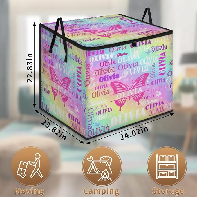 Personalized Butterflies Storage Bags with Lid Large Blanket Clothes Organization Storage Containers for Comforters,Bedding, Foldable Organizer with Reinforced Handle, Colorful Galaxy with Stars
