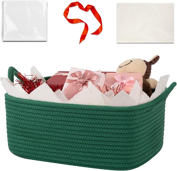 OIASKET Gift Basket Empty with Handle, Small Woven Baskets for Gifts Empty | 13.6"x10"x5.9", Baby Shower Toy Storage Baskets, Dog Toy Storage for Organizing, with Gift Bag Ribbon Tissue Paper