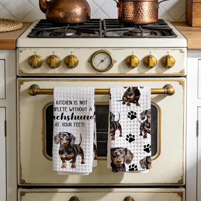 Dachshund Waffle Weave Kitchen Towels, Quick Dry Multipurpose Hand Towels for Bathroom, Absorbent Reusable Cloth Tea Dish Towels for Home Decor, Dog Lover Gift Towel Set of 2