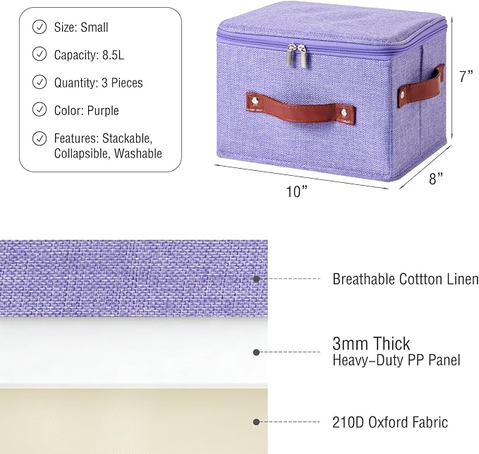 3PCS Storage Bins Boxes with Zippered Lid Decorative Baskets | Cotton Linen Fabric, Washable Foldable Stackable Cloth Container, Closet Shelf Organizer w/ PU Leather Handles, Purple-Small
