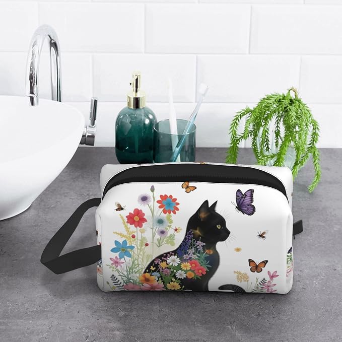 Floral Cat Silhouette Makeup Bag - Durable 600D Oxford Fabric Travel Cosmetic Bag, Shockproof Foam Padded Toiletry Organizer for Gym & Daily Use 10x6.2x4.9 Inch