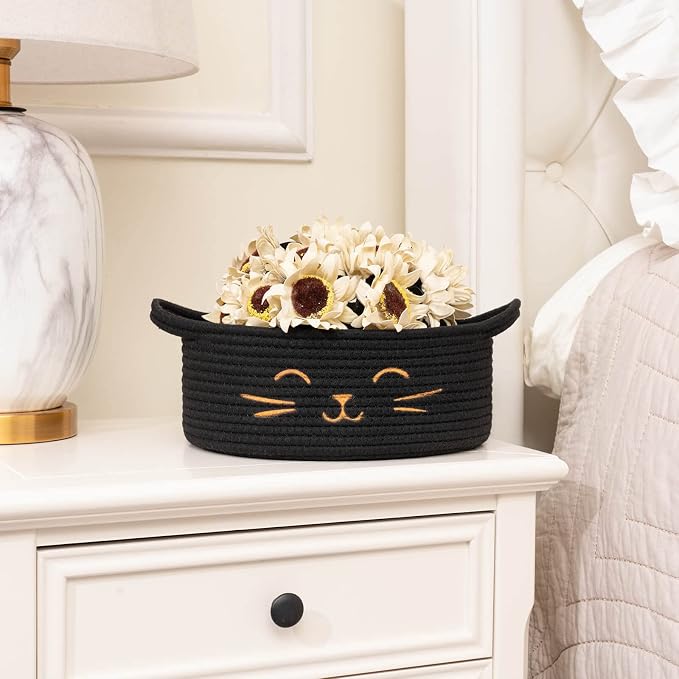 Small Woven Rope Cat Toy Basket with Cat Face Design, Black | 9.8" x 4" Cute Cat Toy Bin & Box for Living Room & Nursery, Boho Gift Basket Empty with Sturdy Handles, Cozy Cats Bed