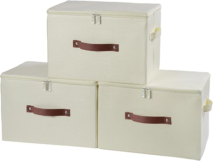 3PCS Storage Bins with Zipper Lid Decorative Lidded Boxes Basket | Cotton Linen Fabric Boxes, Collapsible Shelf Closet Organizer Container, PU Leather Handle, Stackable Washable(Beige, Large)