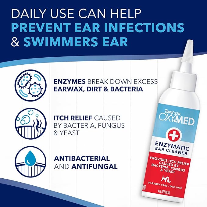 TropiClean OxyMed Enzymatic Dog Ear Cleaner, Treatment for Dogs, Vet Recommended Ear Cleaning Solution, Daily Wash Drops, Safe for Cats, USA Made, 4oz