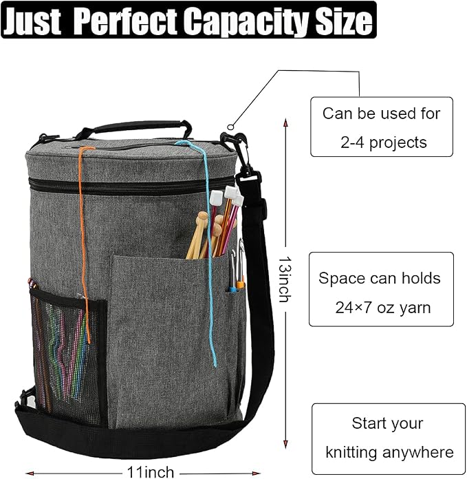 Weabetfu Large Capacity Portable Yarn Organizer Knitting Tote Storage Bag with Shoulder Strap Yarn Bags Have Pocket for Crochet Hooks,Knitting Needles & Accessories,Prevent Yarn Tangle(Grey)