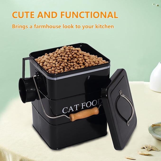 Cat Food Treat Storage Container with lid scoop included - Perfect Farmhouse Cat Food Bin for Kitchen Countertop, Shelf, Decoration Home - Cat Food - Black
