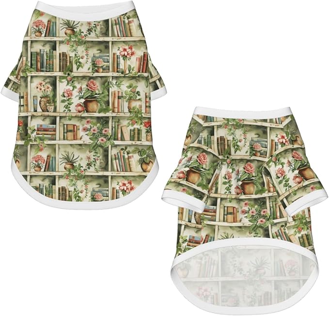Vintage Bookshelf Dog T Shirt Dogs Cats Cotton Shirts Short Sleeve Clothes Soft Stretchy Pet Costume Doggy Outfit Pullover Jumper Puppy Sweatshirt Medium