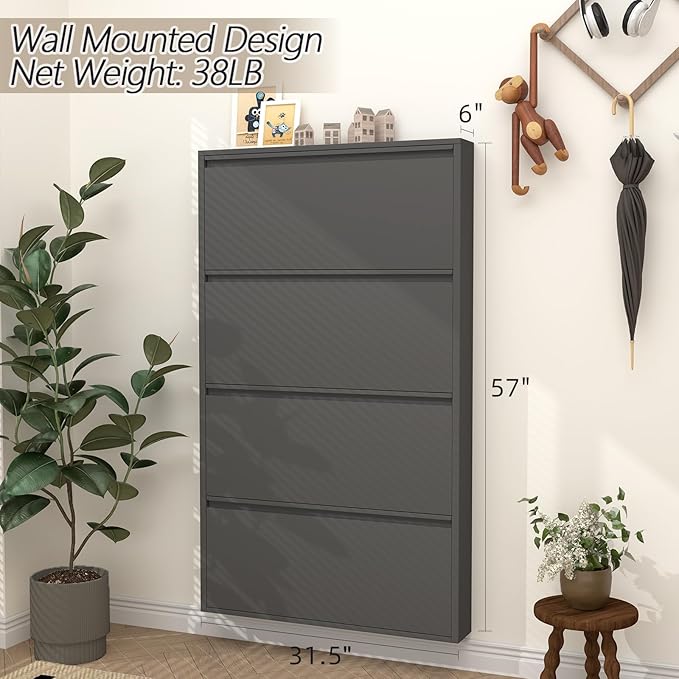 GREATMEET Black Shoe Cabinet Storage for Entryway, Narrow Shoe Cabinet for Entryway Slim, Wall Mounted Metal Hidden Shoe Organizer with 4 Flip Drawers