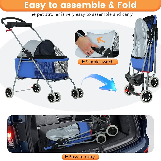 BestPet Foldable Pet Stroller for Small/Medium Dogs and Cats Up to 33 lbs | 4-Wheel Stroller Pet Strolling Cart w/ Breathable Mesh, Lockable Rear Wheels, Cup Holder/Tray & Storage Box for All-Season