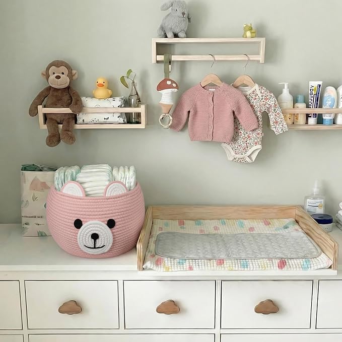 CherryNow Baby Basket for Gifts Empty, Cute Bear Design, Pink | 10.5" x 8.5" Baby Shower Basket for Kids Girls Newborn Storage, Toy Basket for Living Room Nursery Décor, Soft Cotton Rope