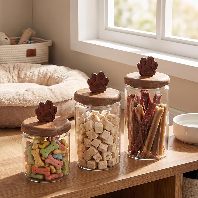 3 Pcs Glass Dog Treat Container, Cookie Jar with Wooden Lid, Paw | 3 Sizes, Airtight Pet Treat Storage Container, for Kitchen Counter, Treats Canister, Doggie Cookie, Pets
