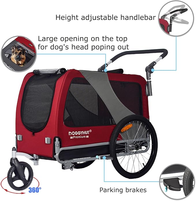 DOGGYHUT® Premium X Large Pet Bike Trailer & Stroller Up to 100 lbs (Red) | Bicycle Trailer for Small Medium or Large Dogs, Dog Bicycle Carrier, Low Center of Gravity, Folding Frame Cart
