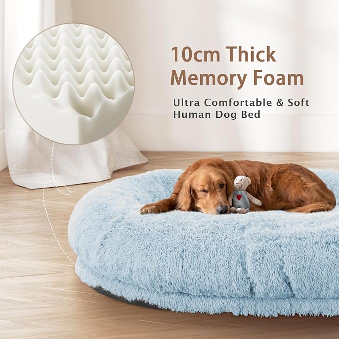ROOMTEC Human Dog Bed, 71''x45''x12'' Size Fits Adult and Pet Washable Giant People Bed 10 CM Thick Memory Foam Large Oversize Pet Bed with Plump Pillow, Blanket, Strap - Blue