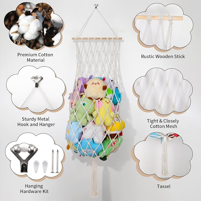 68 Inch Stuffed Animal Storage Net Corner Stuffy Hammock,Cream | Boho Macrame Large Toy Hammock for Stuffed Animals Organizer,Wall Ceiling Over Door Stuffy Storage Holder,Nursery Room Decor