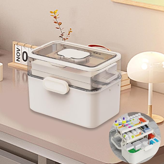 Portable Medicine Box Multi Layer Organizer, 11.2x6.7x8.3 inch, White PP & PET Material for Bathroom Office Travel