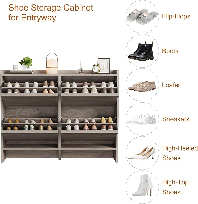 GarveeHome Shoe Cabinet with 4 Flip Drawers, Wooden Shoe Organizer Cabinet with Adjustable Shelf, Shoe Storage for Entryway, Hidden Shoe Cabinet for Hallway, Living Room, Grey
