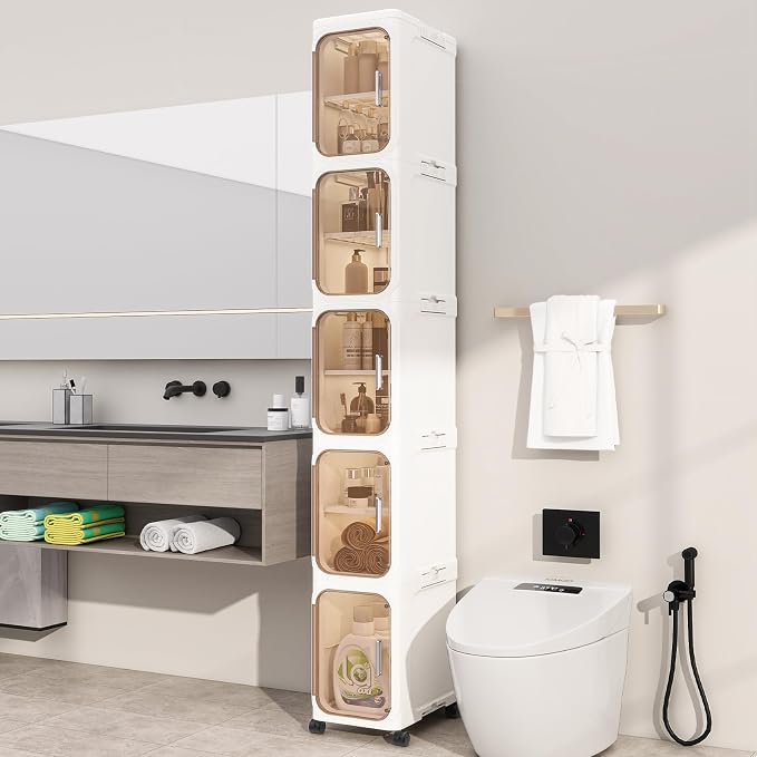 5 Tier Slim Bathroom Storage Cabinet, Foldable and Movable, Beige | Tools Free, ABS and PET, Magnetic Clear Door, Adjustable Shelves, Lockable Wheels, Water Resistant, For Narrow Space