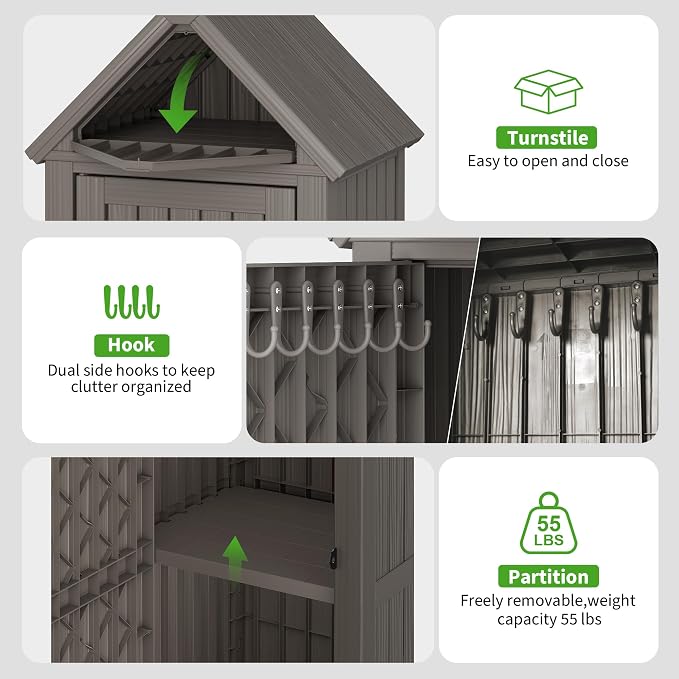 Outdoor Storage Cabinet, Lockable Vertical Resin Storage Shed, Gray
