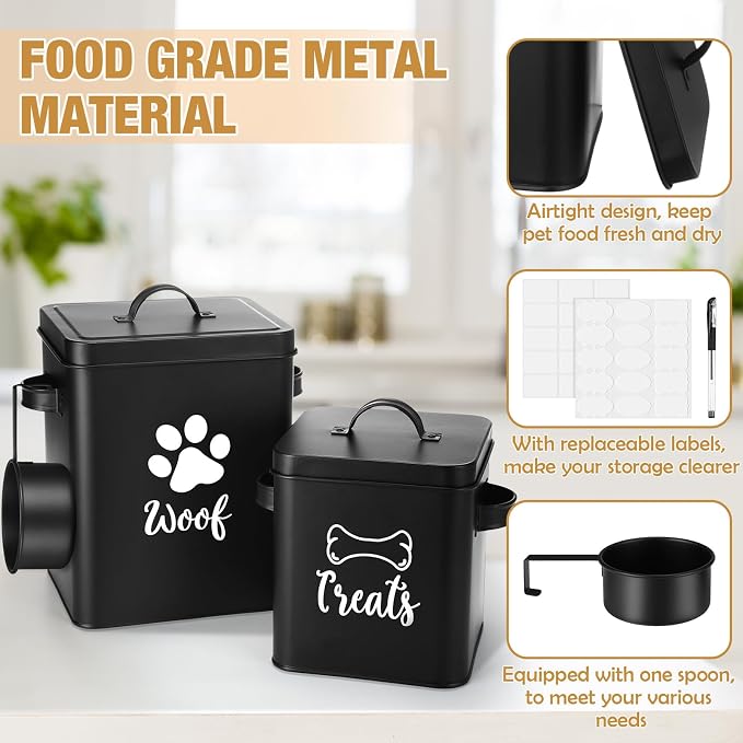 Teenyyou 2 Pcs Metal Dog Treat Containers with Airtight Lids and Spoon 7+3 Lbs Dog Food Snack Jars with DIY Labels Big Pet Cookie Storage Jar for Kitchen Counter(Black)