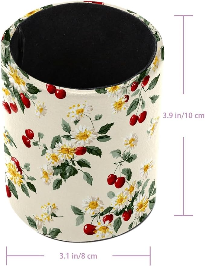 Faux Leather Pen Holder for Desk, Pencil Organizer Daisies and Cherries Pen Cup Desk Decor Makeup Brush Holder Storage for Office Home