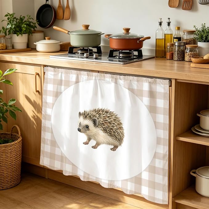 Hedgehog Cabinet Dishwasher Hidden Curtains, Privacy Closet Door Curtain, Modern Farmhouse Linen Checked Animal Adhesive Dust Proof Under Sink Skirt for Bathroom Kitchen 35"x35"