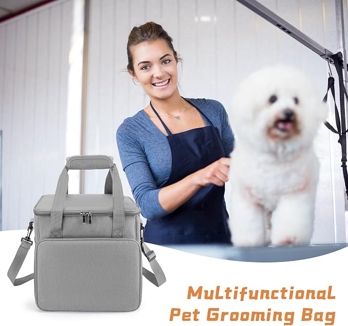 SMYV Pet Grooming Bag for Dog Grooming Supplies, Dog Tote Travel Bag for Pets Grooming Tools Kit Accessories - Grey