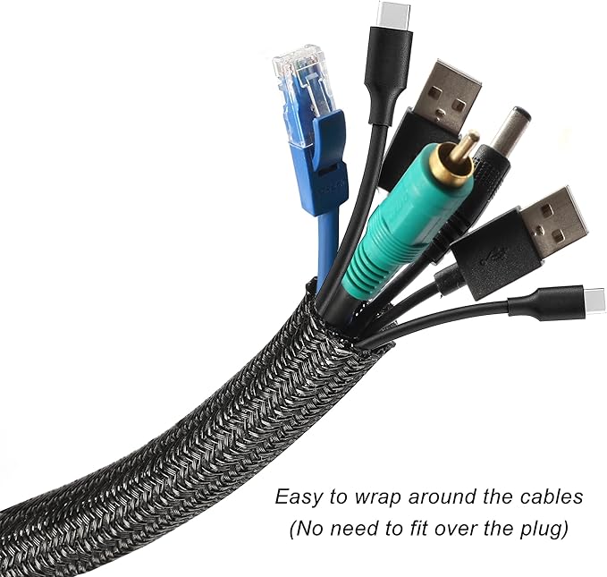 Cable Management Sleeve, Split Design, 10FT - 1 Inch, Black | Cord Protectors from Pets | Heat & Abrasion Resistant Wire Loom | Automotive Wiring & Home Office Cable Organization