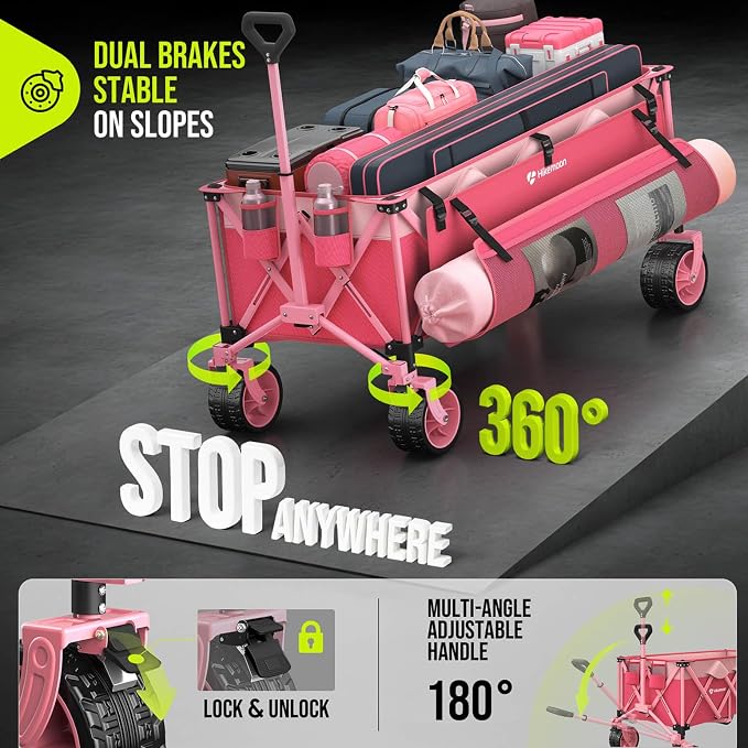 48'' Extra Large Collapsible Wagon with Big Wheels, 300L Pink | 560LBS Heavy Duty, Wagons Carts Foldable, All-Terrain, Brakes, Folding Cart, Utility for Beach/Camping/Garden/Sports/Grocery