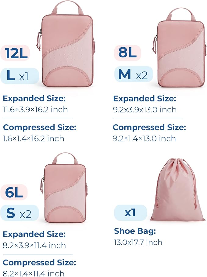Bagsmart Compression Packing Cubes, Travel Bag Cruise Ship Essentials | Lightweight, Compressible Suitcase Organizer Set fit Standard Carry-On & Checked Luggage, 6 Set, 14 Set Washable Packing Bags