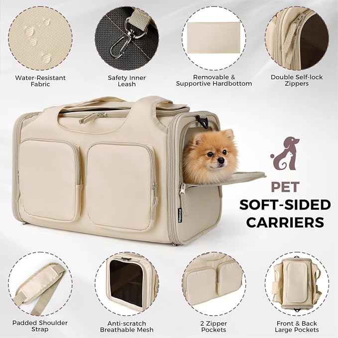 Dog Cat Carrier Airline Approved Collapsible Soft-Sided Pet Travel Bag | Pet Carrier Up to 12 lbs, Locking Zippers, Breathable Mesh, 4 Large Pockets, Removable Fleece Pad, Beige