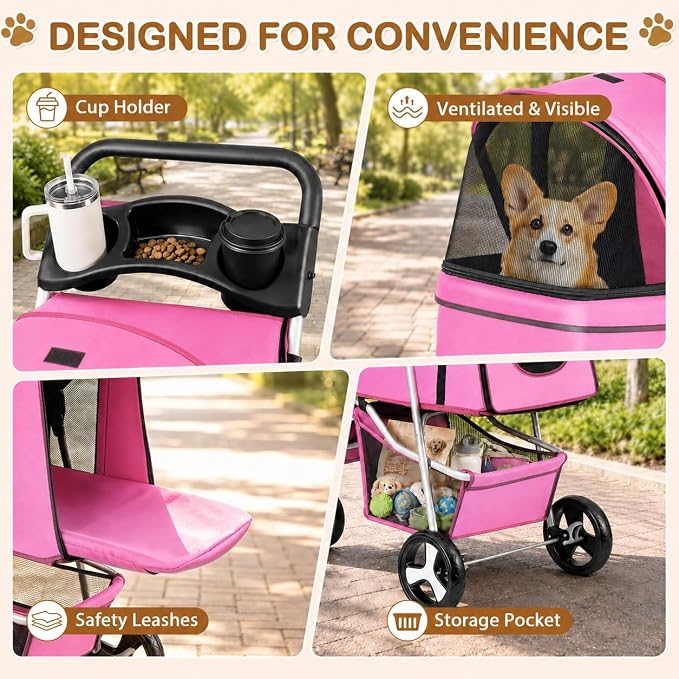 Pet Stroller 4 Wheels Dog Cat Stroller for Small Medium Dog Cats Carrier Jogger Travel Foldable Puppy with Storage Basket and Cup Holder (Pink)