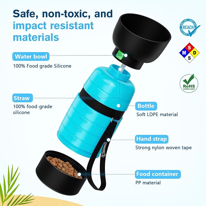 Pecute Dog Water Bottle Portable 22 oz with 5 oz Food Container, Poop Bag Holder, Portable Dog Water Bottle Dispenser, Leakproof, Lightweight, Pet Water Bottle for Dogs Outdoor Travel Walking | Portable, Lightweight, Leakproof BPA Free for hiking, camp...