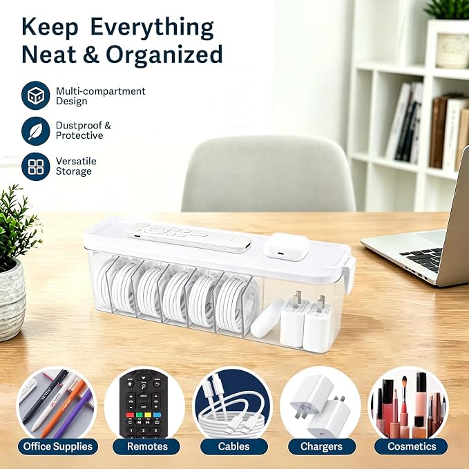 TexHome 2 Pack Clear Cord Storage Organizer Box with Lid, Plastic Charger Cable Organizer with Wire Ties, Electronics Cord Organizer for Drawer, Home & Office Desk - 7 Compartments