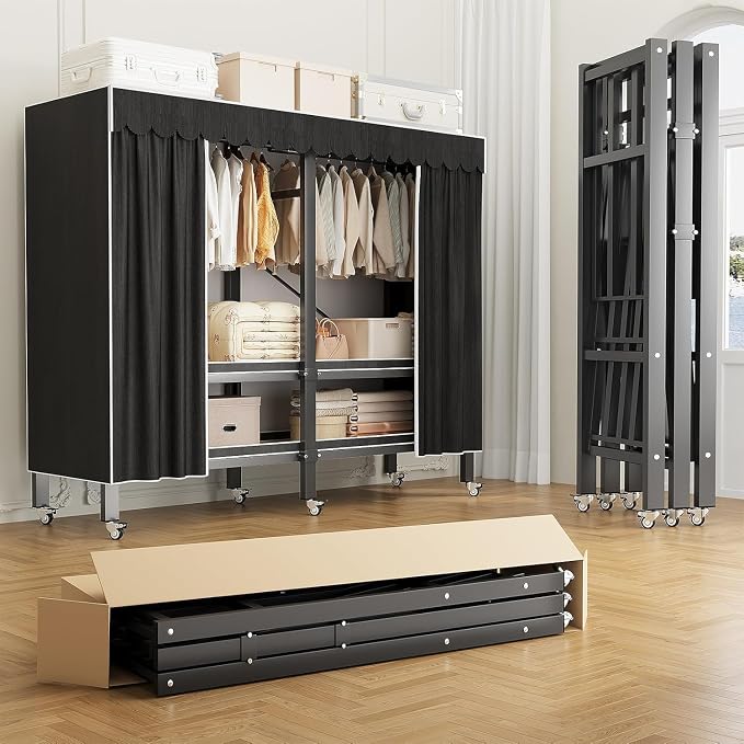 49.1in Heavy Duty Portable Closet with Black Cover | Foldable Covered Clothes Rack for Hanging Armoire Wardrobe Closet System Freestanding Coat Storage Garment Racks