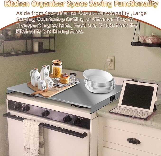 Stainless Steel Gas Stove Top Cover, Noodle Board Cooktop Cover, Kitchen Organizer for Gas and Electric Stove Range Expanding Kitchen Space, Large Size 30"x 22"x3", Sliver