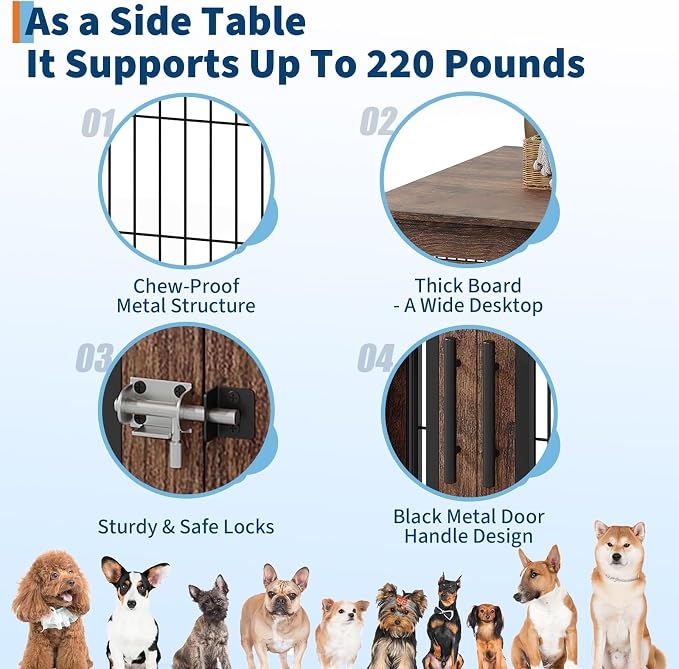 Farmhouse Dog Crate Furniture End Table - Heavy Duty Wooden Kennel Cabinet with Double Doors for Small/Medium Dogs, Rustic Brown Indoor Dog House Furniture Console for Living Room