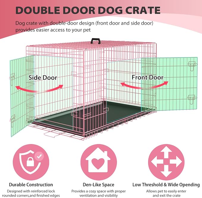 BestPet | Dog Crate | 36" | Pink | Foldable Metal Kennel with Double Doors | Secure Slide-Bolt Latches, Leakproof Tray | Portable Dog Cage for Medium Sized Breeds | for Travel, Indoor & Outdoor Use