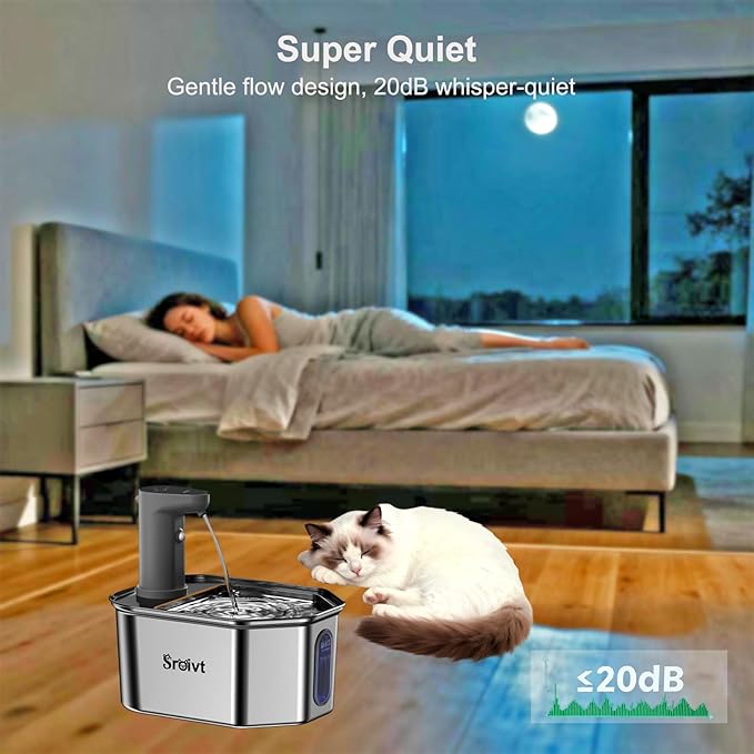 Cordless Cat Water Fountain Stainless Steel - Stainless Steel Cat Water Fountain Cordless - Water Fountain for Cats - Wireless Pet Water Fountain - Motion Sensor/Battery Operated 2.6L,4 Filters