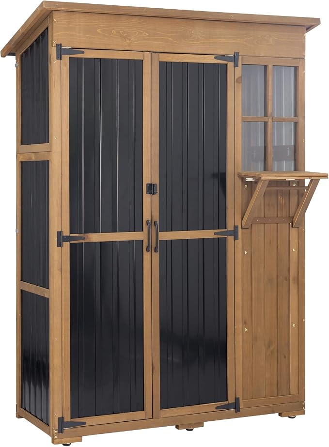 Ketive Outdoor Storage Cabinet, Large Wood & Metal Garden Shed with Foldable Table, Weather-Resistant Asphalt Roof, Lockable Doors & Adjustable Feet for Patio, Backyard, or Garage (47"L x 20"W x 70"H)