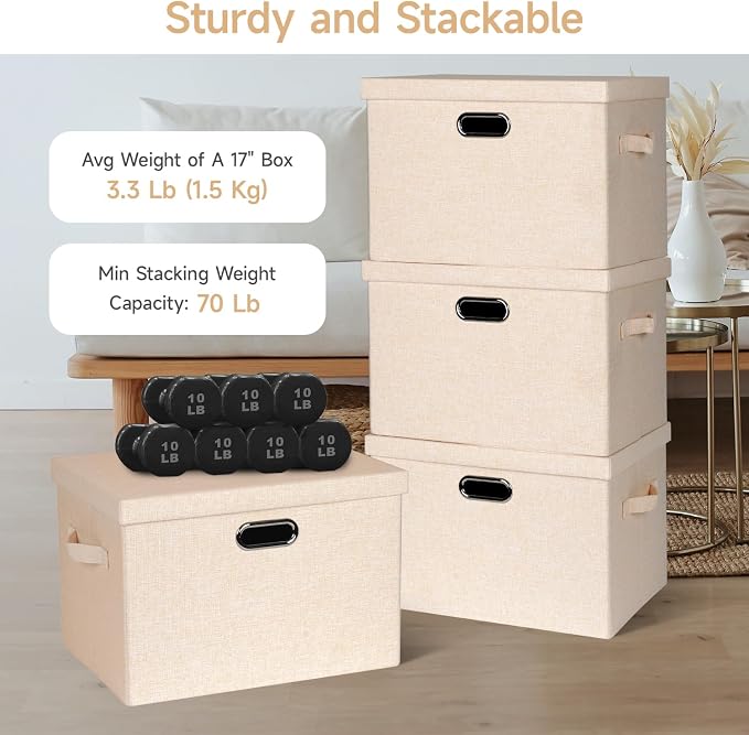Storage Bins with Lids Fabric Closet Organizers Cubes Office Organization | 36 Quart 3 Pack Light Orange Collapsible Stackable Linen Fabric 4 Handles Bedroom Closet Cabinet Under Bed Clothes Toy Office