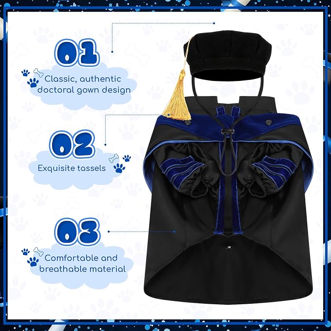 Huhumy 3 Pcs Dog Cat Graduation Doctoral Costume Set, 2026 Pet Phd Graduation Cap and Deluxe Doctoral Gown with Hood Side Tam Puppy Kitty Dogs Grad Holiday Party Costume Accessory(Royal Blue,XL)