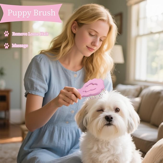 Cloud-Shaped Soft Bristle Small Dog Brush - Hollow Back Design for Easy Grooming - Ideal for Yorkie, Shih Tzu, Maltese Maltipoo Pomeranian- Puppy Essentials , Pet Hair Removal Essentials (Purple)