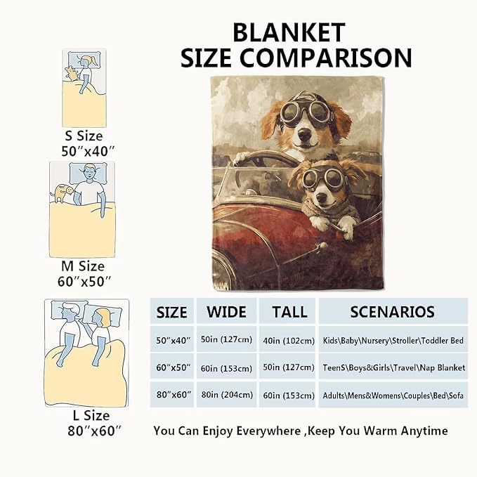 Vintage Corgi Road Trip Blanket Dogs in Goggles Riding Classic Car Throw Blankets,Birthday Gifts for Kids Adult & Retro Lovers,Lightweight Soft Fleece,for Sofa Couch Bed Room Decor 50x60in